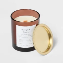Clear Colored Glass With Woodwick And Brass Metal Inset Lid Pumpkin Spice - Threshold™ -WarmWhisper Store GUEST 0f1ab2d8 1770 4918 b056 6328d597fa18