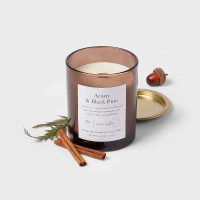 Clear Colored Glass with Woodwick and Brass Metal Inset Lid Acorn + Black Pine Candle Brown - Threshold™ Clear Colored Glass With Woodwick And Brass Metal Inset Lid Acorn + Black Pine Candle Brown - Threshold™ -WarmWhisper Store GUEST 5fa327df 5133 47b8 a926 0d5334ce061c
