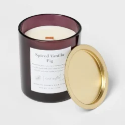 Clear Colored Glass With Woodwick And Brass Metal Inset Lid Spice Vanilla Fig Candle Purple - Threshold™ -WarmWhisper Store GUEST 851e53a4 1b0e 449b 92ac ac1f0d30a37e