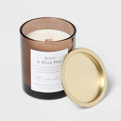 Clear Colored Glass with Woodwick and Brass Metal Inset Lid Acorn + Black Pine Candle Brown - Threshold™ Clear Colored Glass With Woodwick And Brass Metal Inset Lid Acorn + Black Pine Candle Brown - Threshold™ -WarmWhisper Store GUEST e82cdb94 c293 4984 b5b6 1ca170680739
